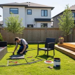 summer home maintenance package Handyman assembling patio furniture and maintaining a backyard deck during summer service.